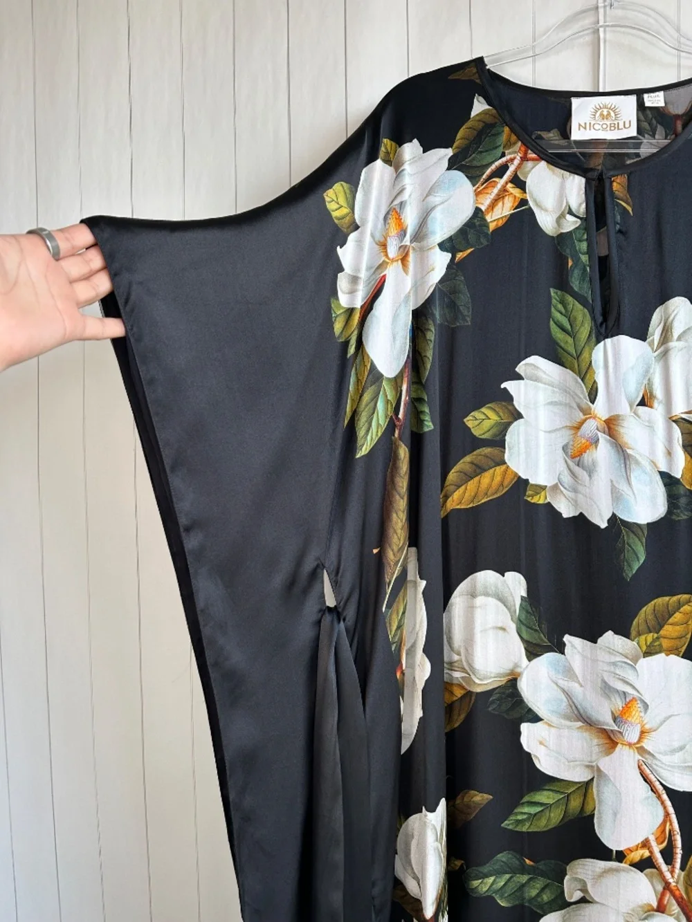 Nicoblu plus size 1X 2X 3X 4X Camellia belted kaftan maxi dress black 100% silk - Picture 3 of 14